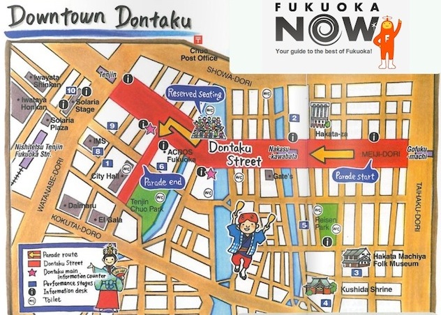 Peta rute parade budaya Hakata Dontaku.